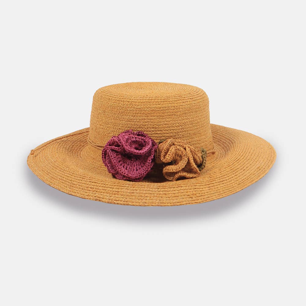 Gata - Bonnet en raphia à large bord avec fleurs amovibles - Sans-Arcidet
