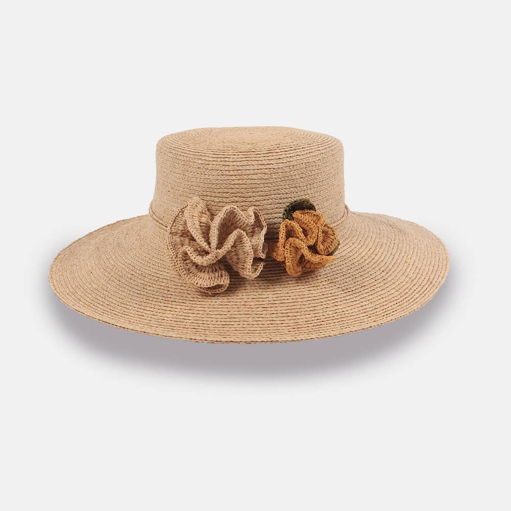 Gata - Bonnet en raphia à large bord avec fleurs amovibles - Sans-Arcidet
